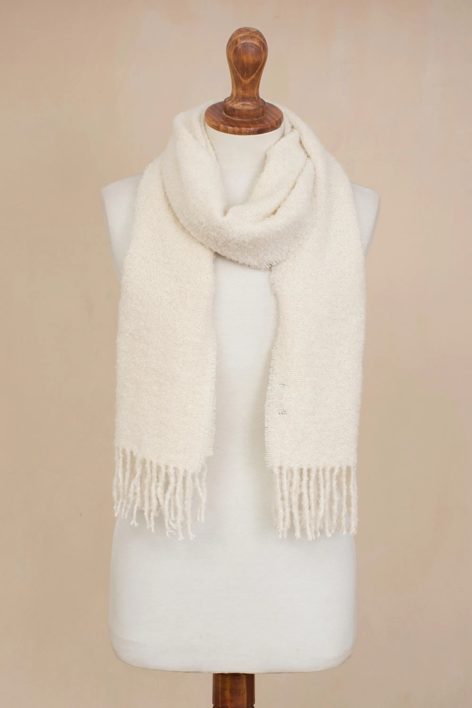 Andean Delight in Bone 100% Alpaca Wrap Scarf in Solid Bone from Peru