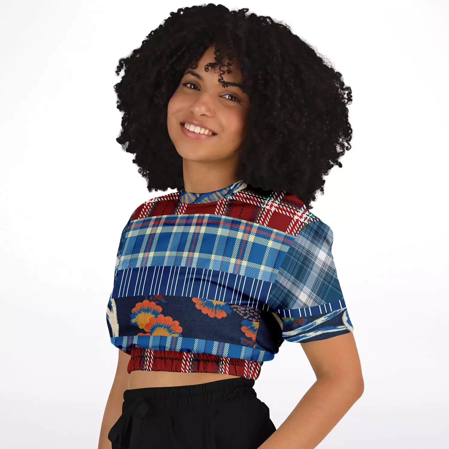 Andromeda Blue Plaid Short Sleeve Cropped Eco-Poly Sweater