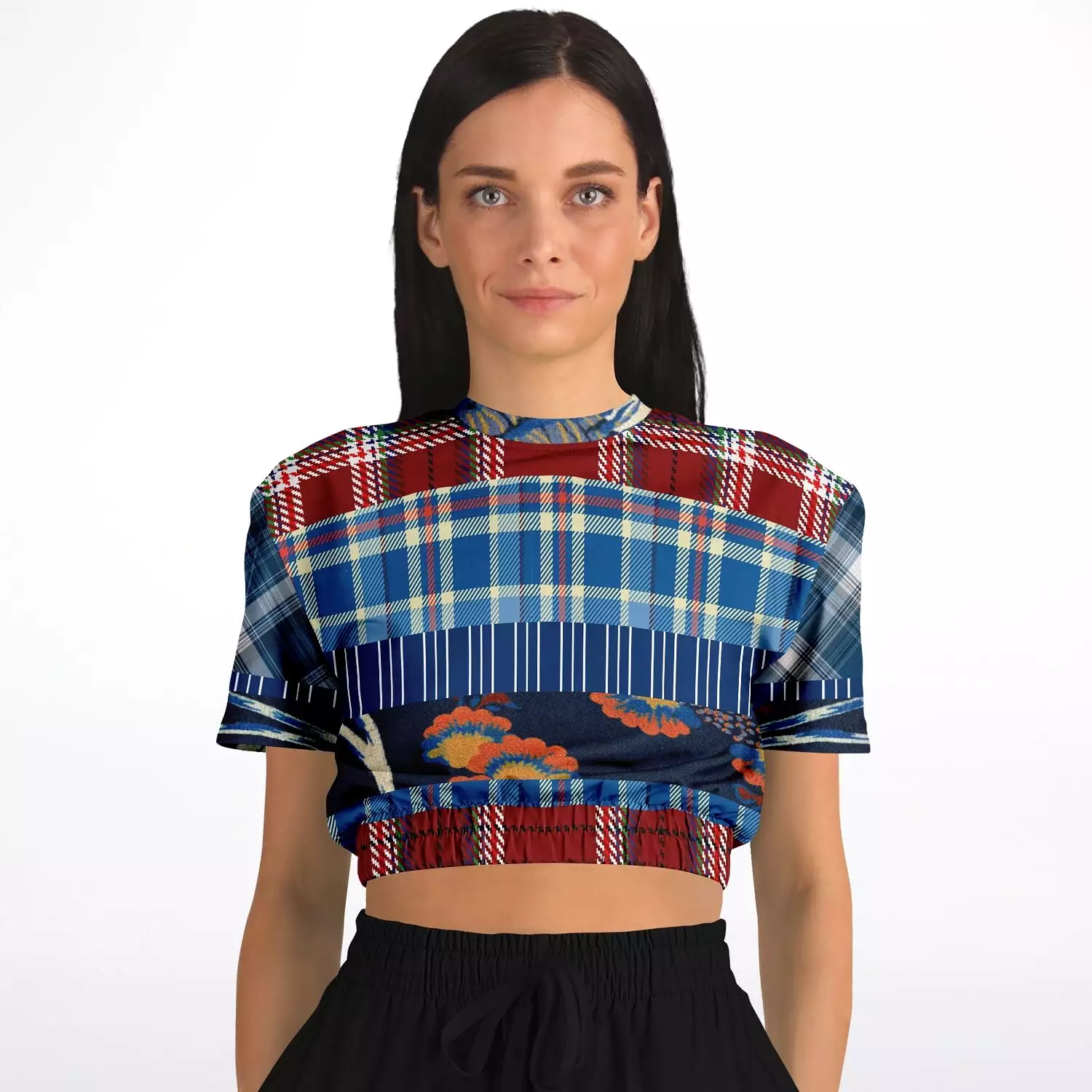 Andromeda Blue Plaid Short Sleeve Cropped Eco-Poly Sweater