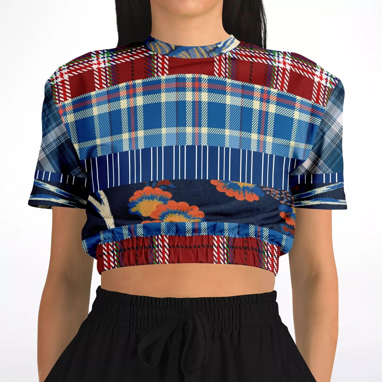 Andromeda Blue Plaid Short Sleeve Cropped Eco-Poly Sweater