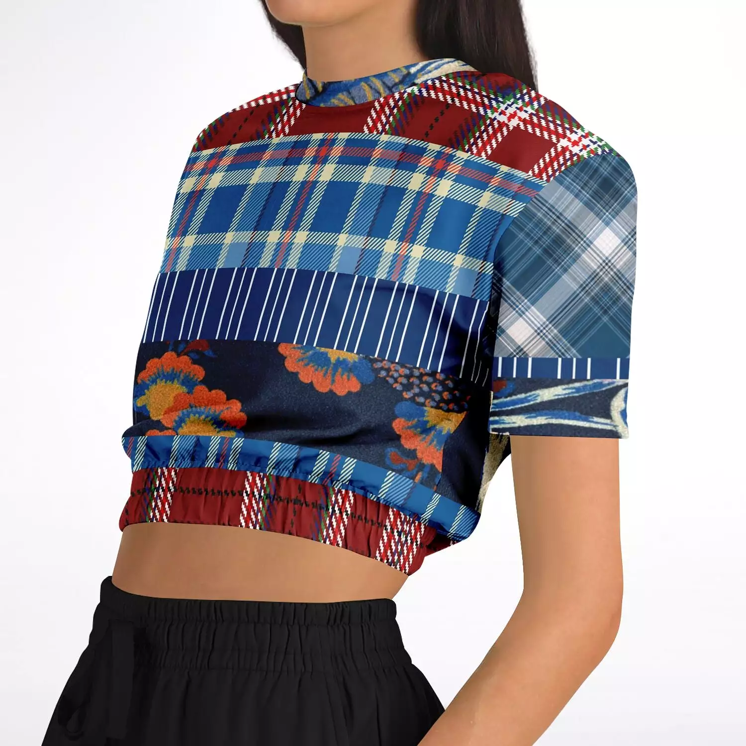 Andromeda Blue Plaid Short Sleeve Cropped Eco-Poly Sweater