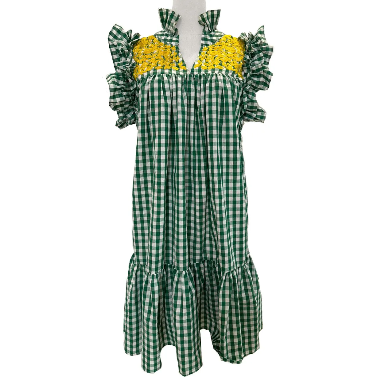 Baylor Green Buffalo Check Gingham + Gold Hummingbird Dress