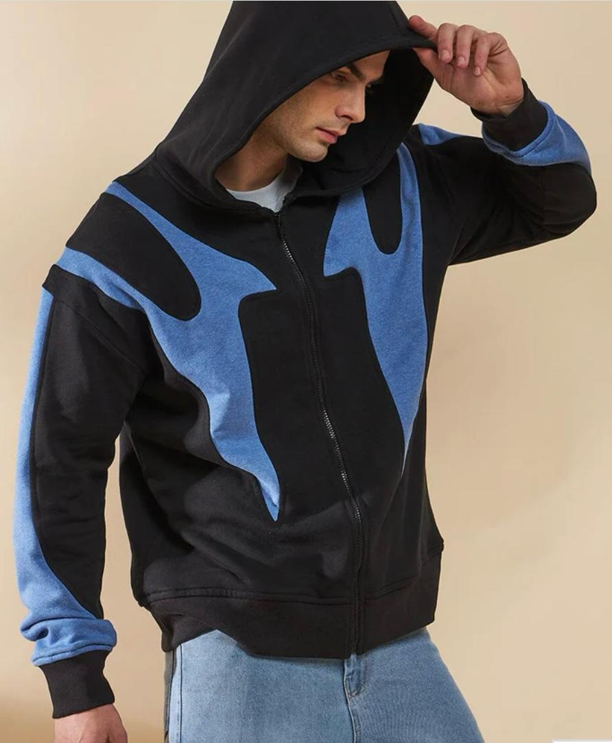 Black & Blue Cut Sew Zipped Hoodie