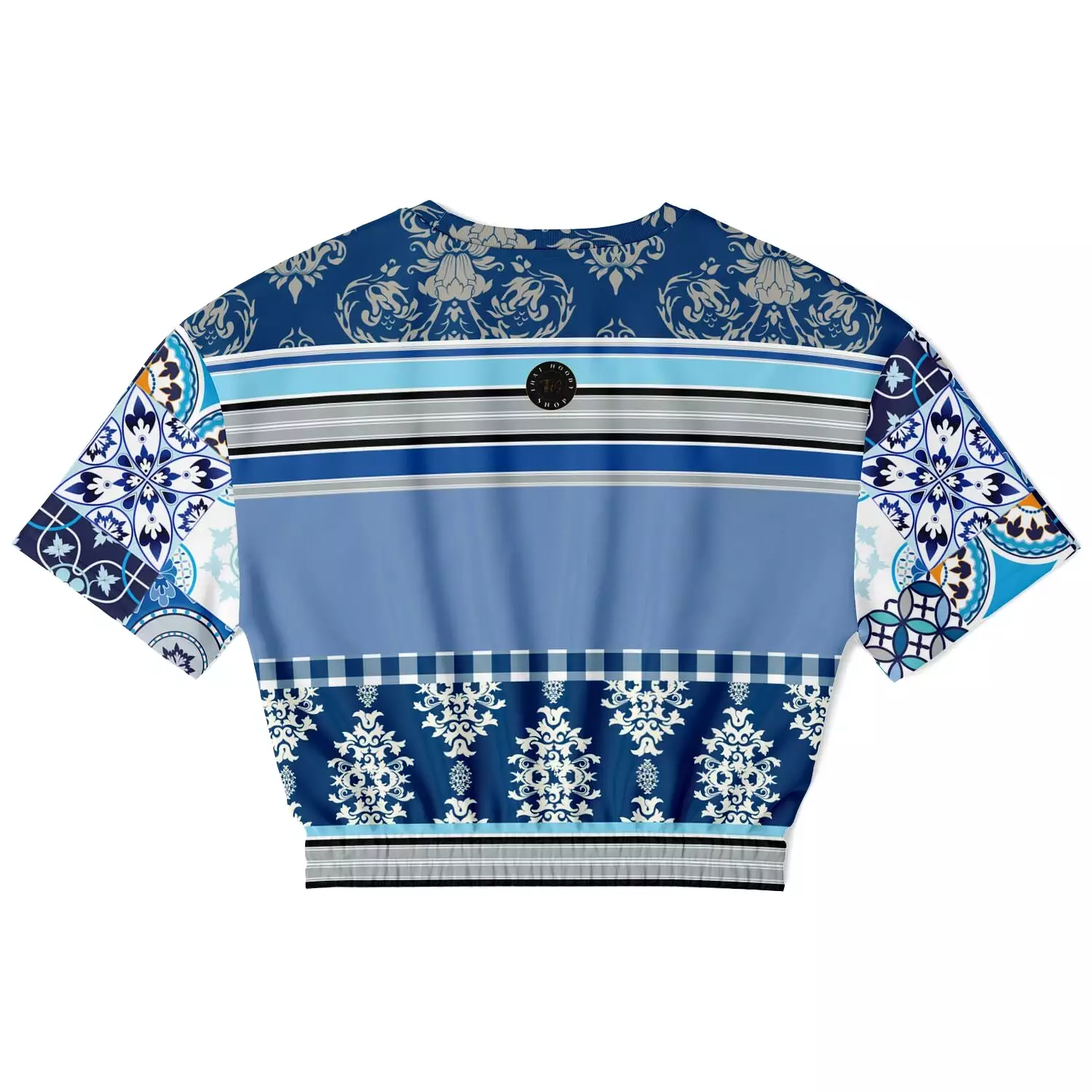 Blue Agadir Moroccan Tile Short Sleeve Cropped Eco-Poly Sweater