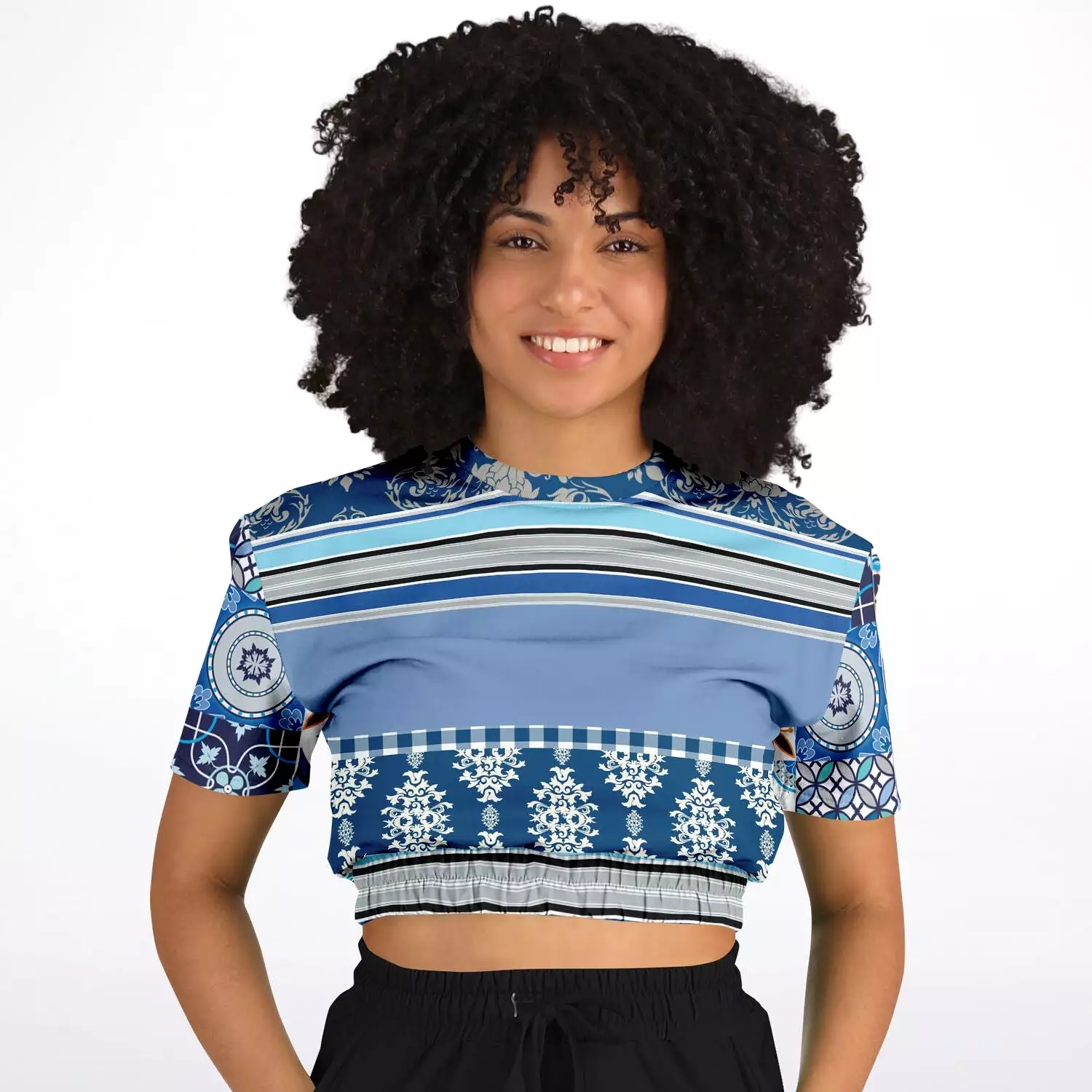 Blue Agadir Moroccan Tile Short Sleeve Cropped Eco-Poly Sweater