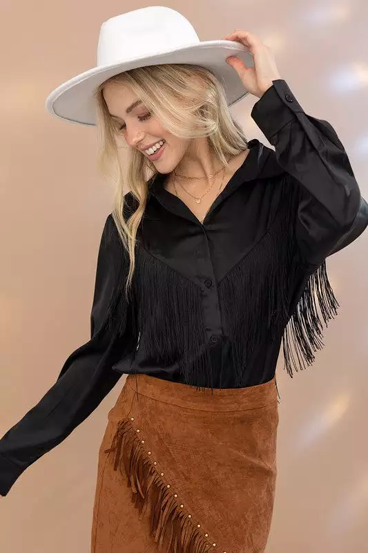 Blue B | Satin Shirt Blouse with Chevron Fringe