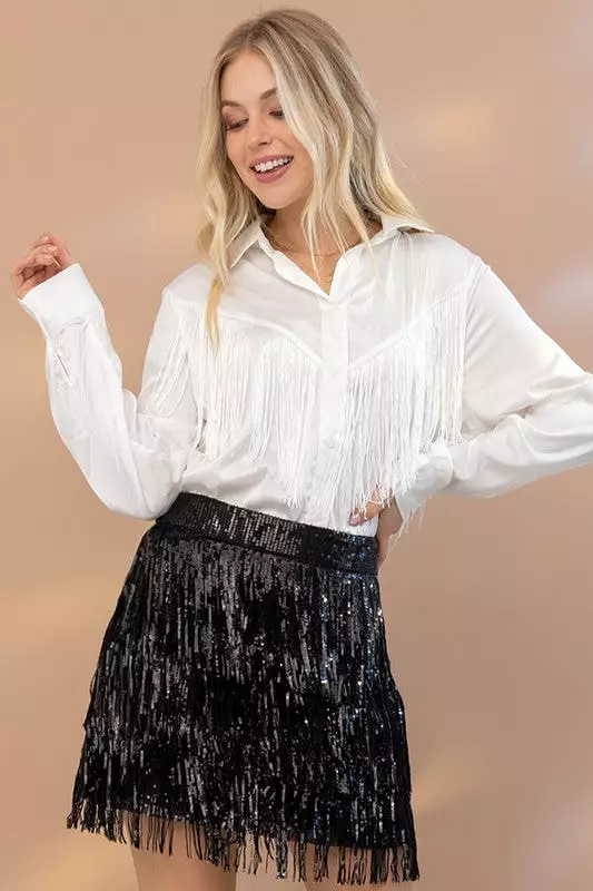 Blue B | Satin Shirt Blouse with Chevron Fringe