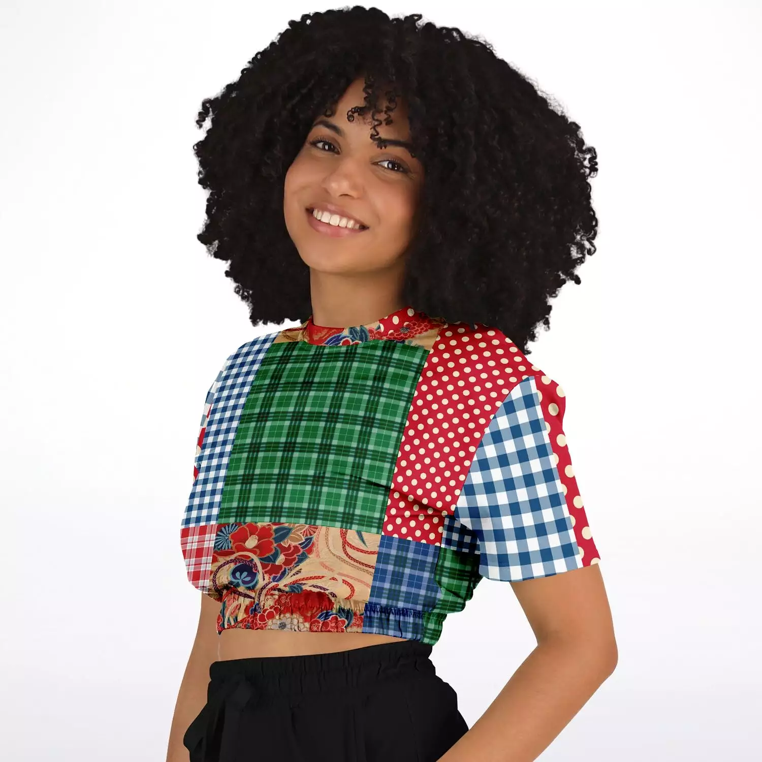 Busan Fleur Plaid Patchwork Short Sleeve Cropped Eco-Poly Sweater