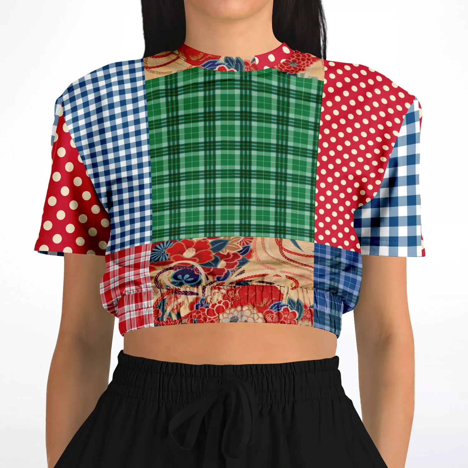 Busan Fleur Plaid Patchwork Short Sleeve Cropped Eco-Poly Sweater