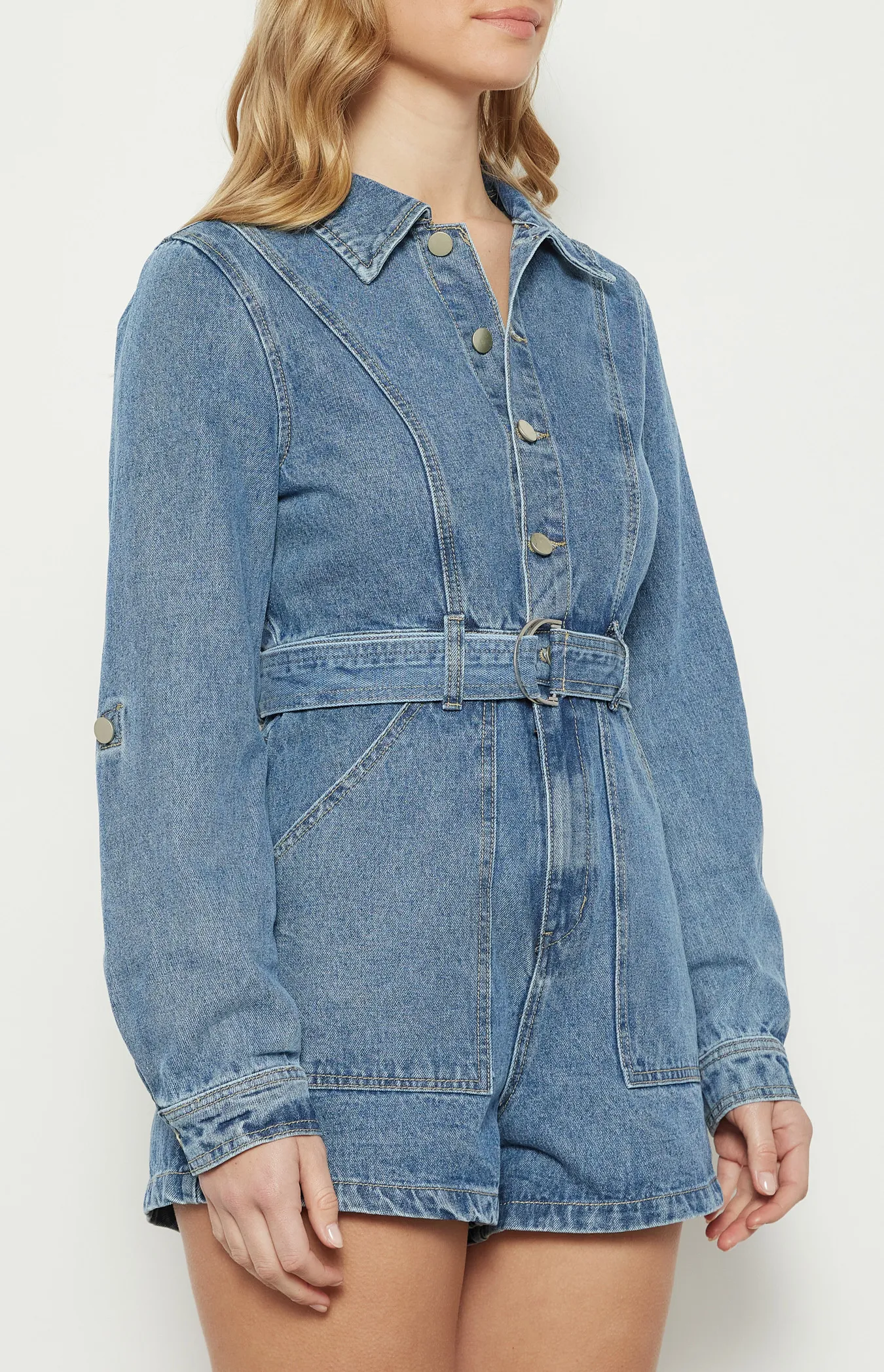 Button Up Denim Playsuit with D-Ring Belt Detail (WDM623A)