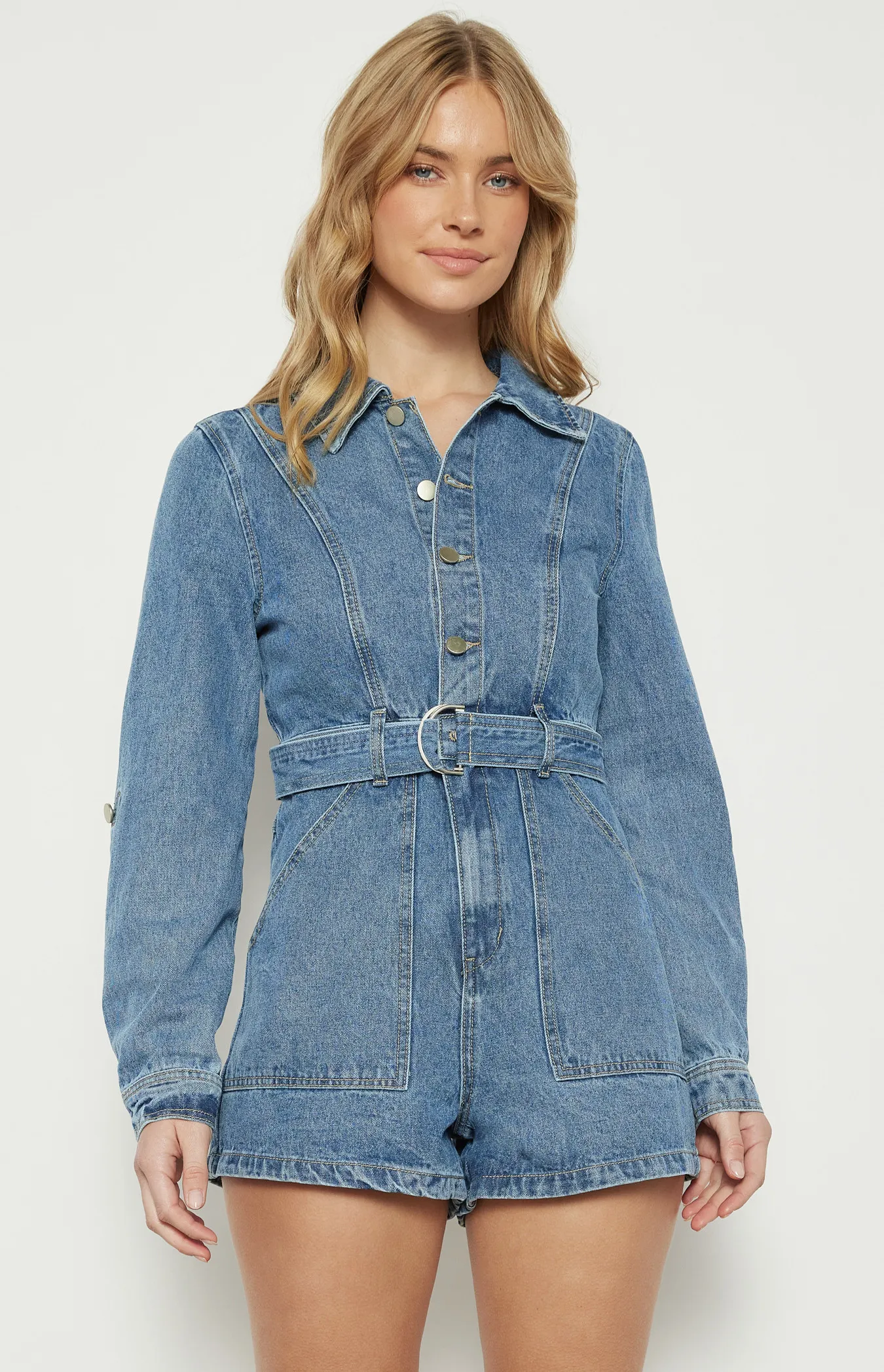 Button Up Denim Playsuit with D-Ring Belt Detail (WDM623A)