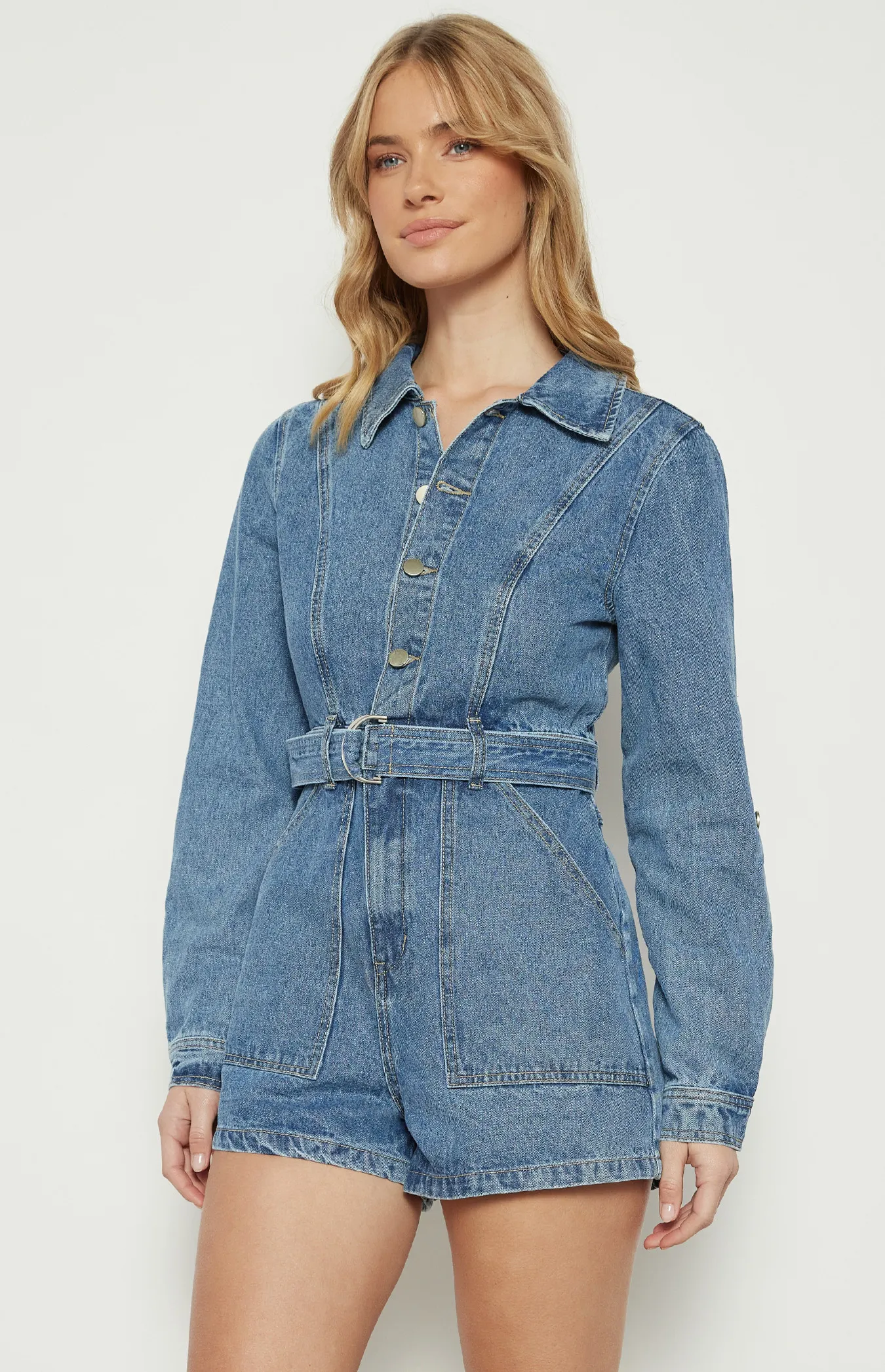 Button Up Denim Playsuit with D-Ring Belt Detail (WDM623A)