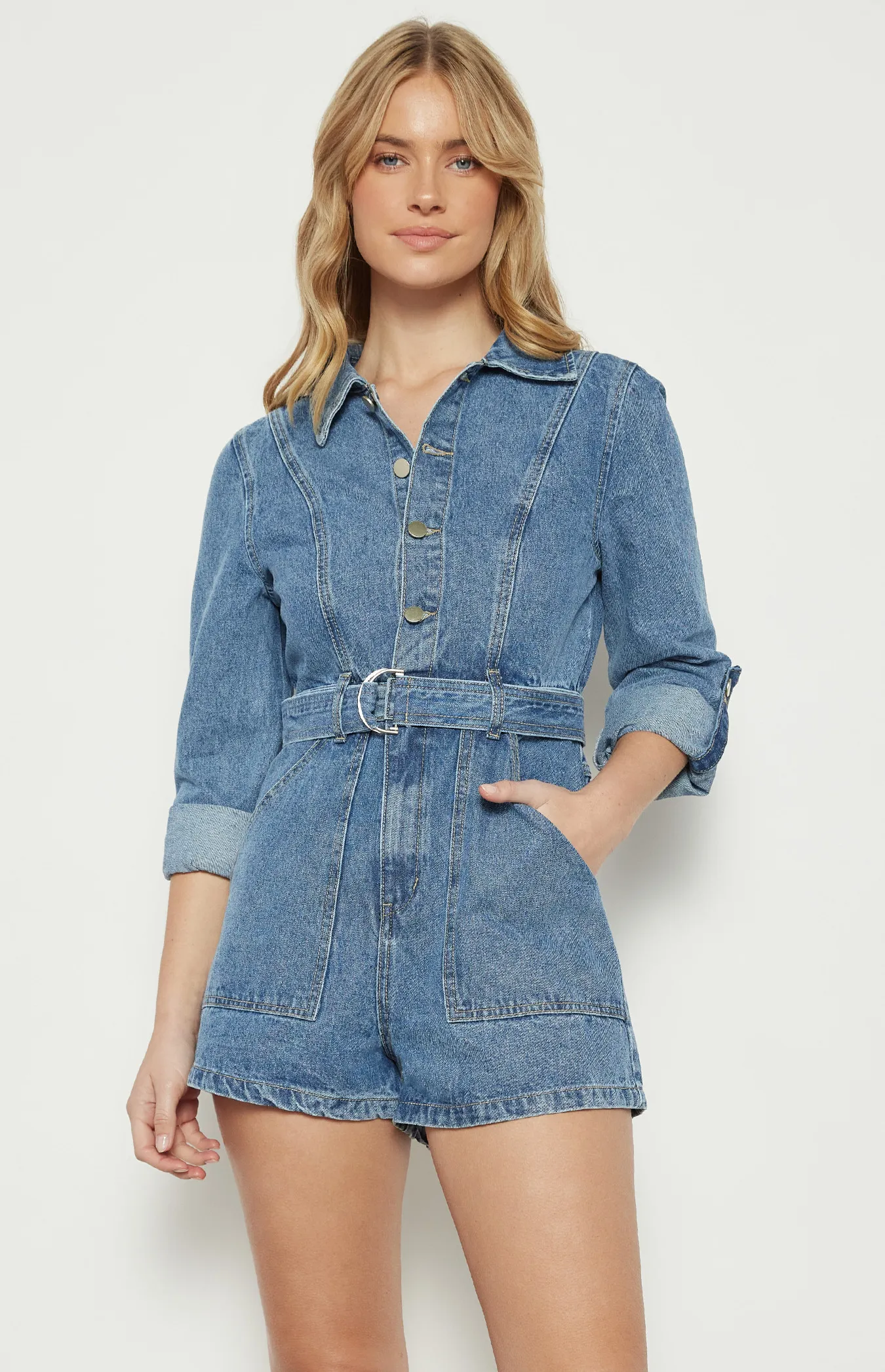 Button Up Denim Playsuit with D-Ring Belt Detail (WDM623A)