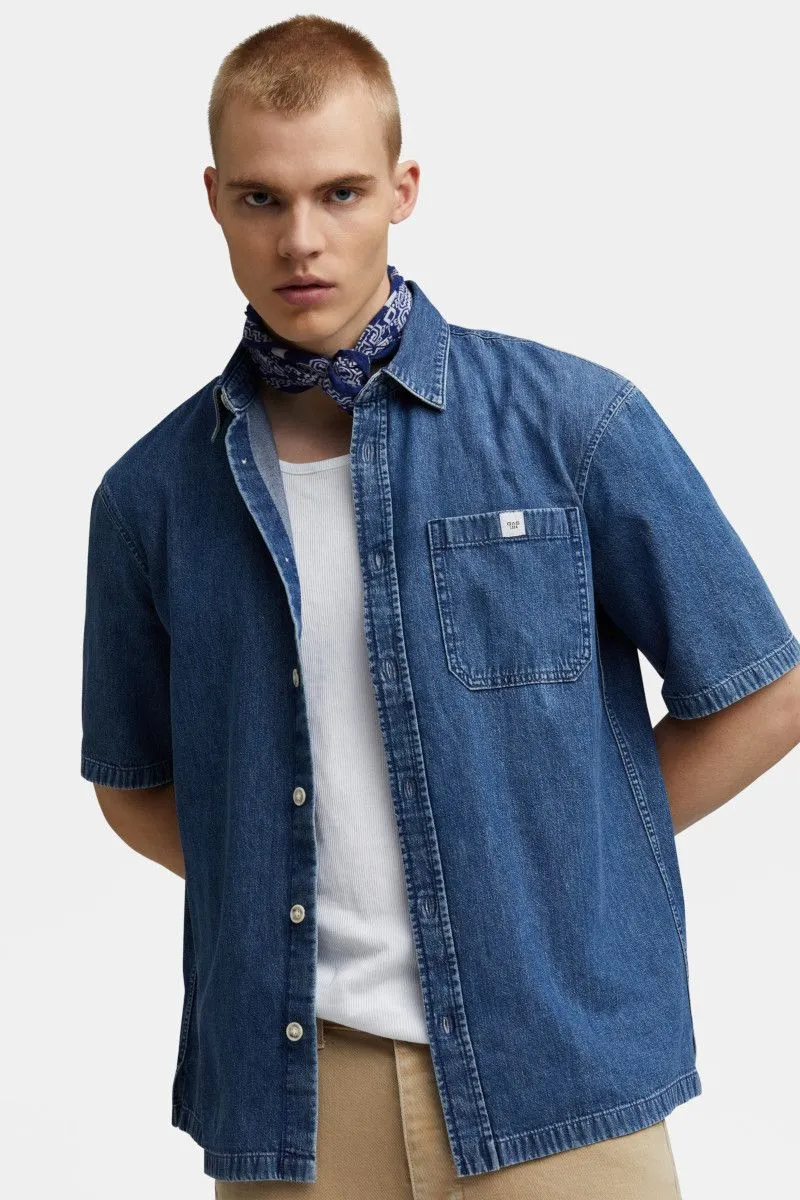 Camicia a manica corta in denim uomo Blu