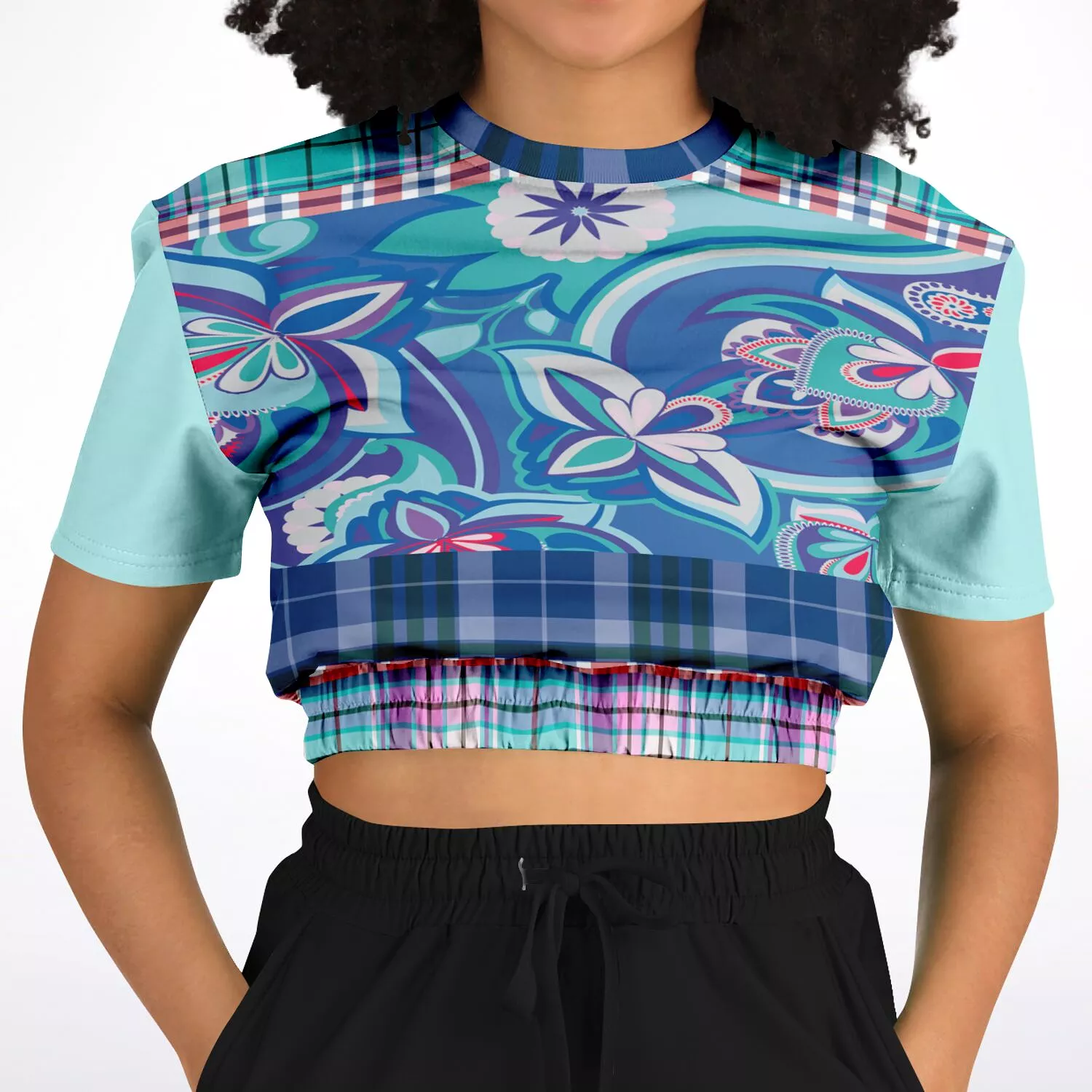 Cerulean Paisley Short Sleeve Cropped Eco-Poly Sweater