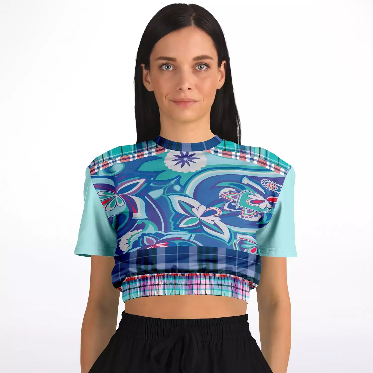 Cerulean Paisley Short Sleeve Cropped Eco-Poly Sweater