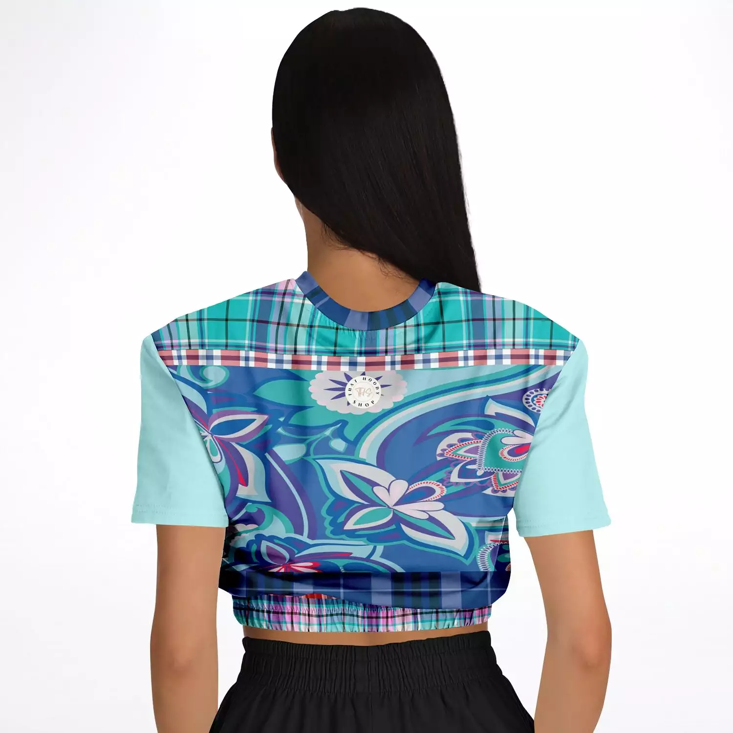 Cerulean Paisley Short Sleeve Cropped Eco-Poly Sweater