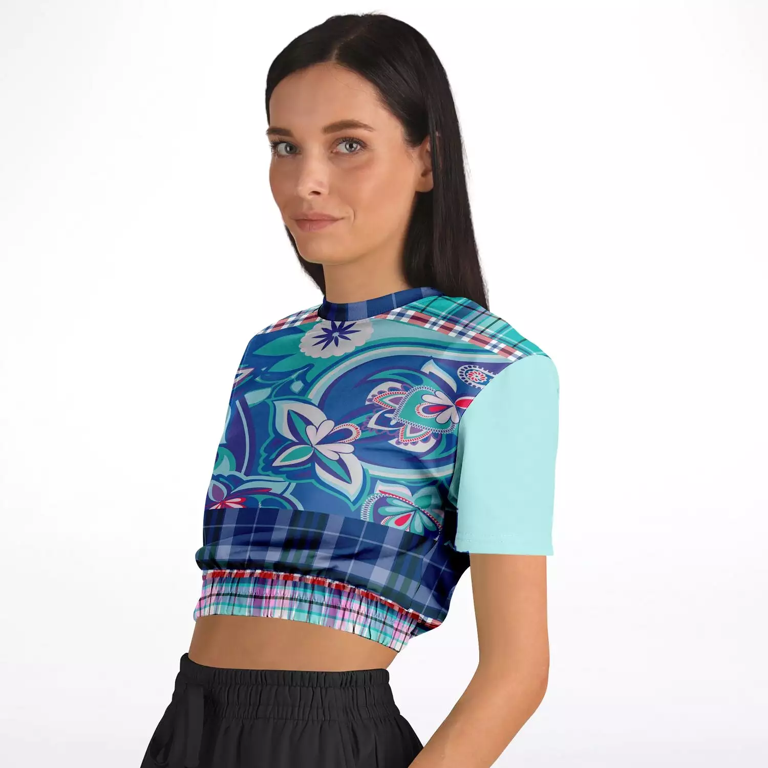 Cerulean Paisley Short Sleeve Cropped Eco-Poly Sweater