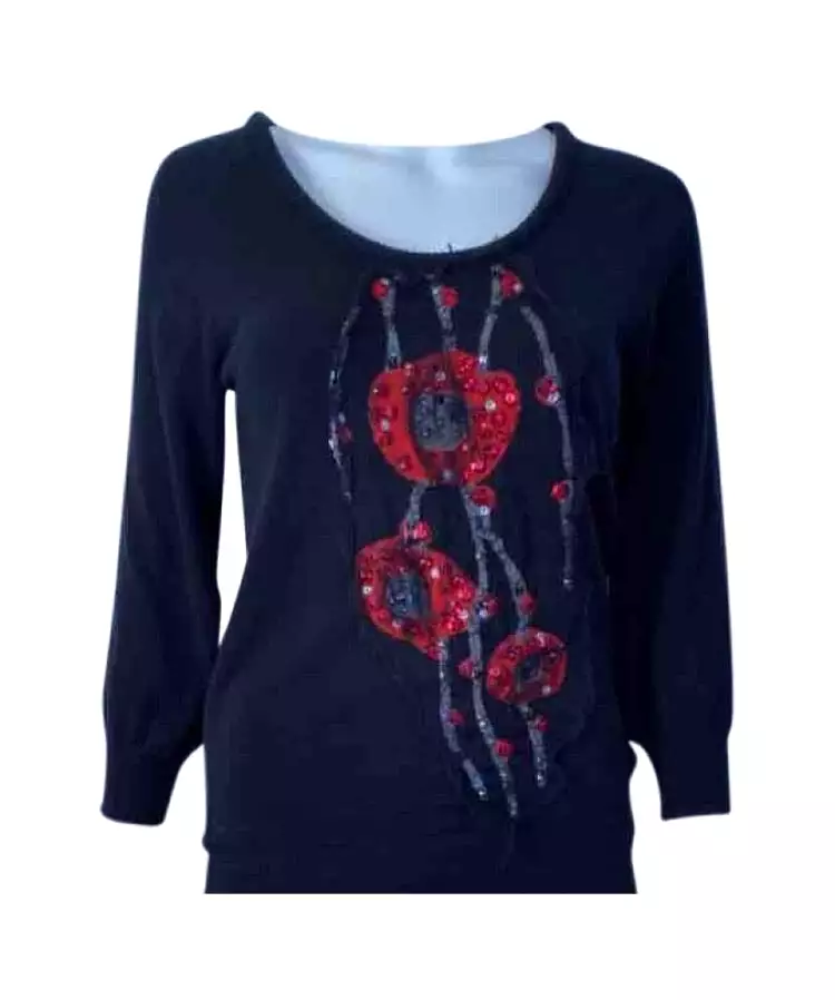 Chanel 07A Black Red Cashmere Pullover Sweater  with appliqué geometric flowers with sequins, pearls FR 40