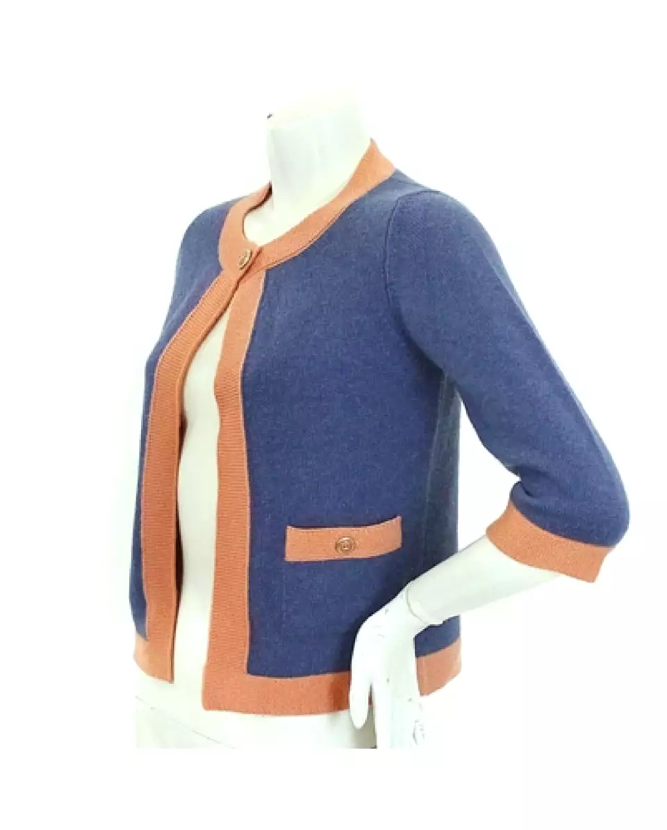 Chanel 07P 2007 Spring Dusty Blue Peach Trim Cashmere Cardigan Sweater FR 38 US 4