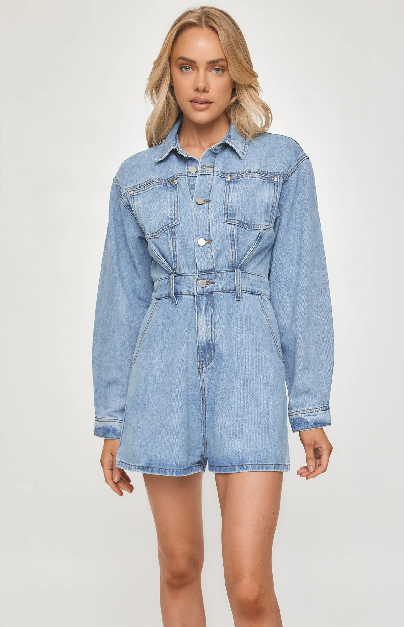 Collared Button Up Denim Playsuit with Pockets (SDM115)