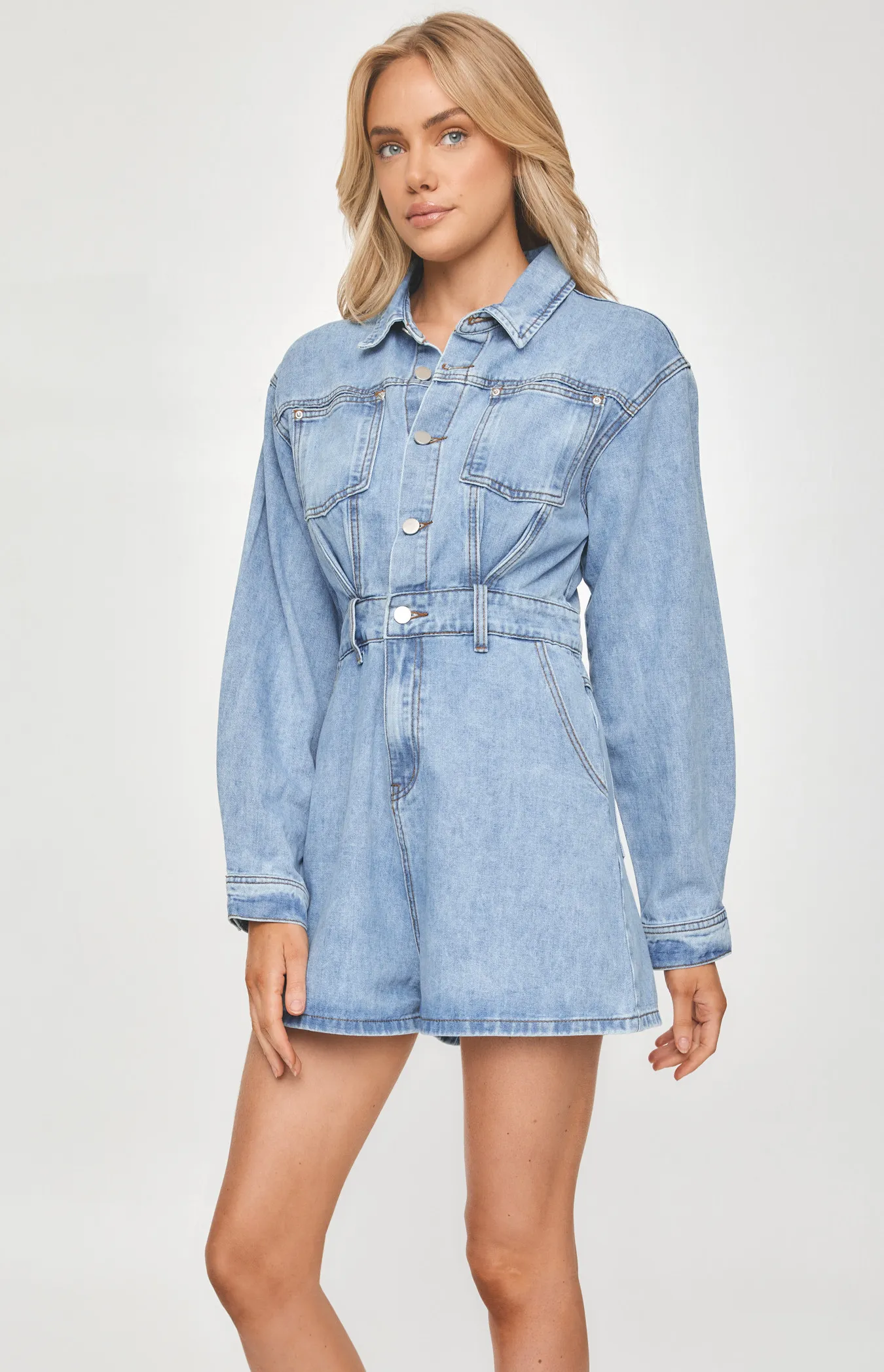 Collared Button Up Denim Playsuit with Pockets (SDM115)