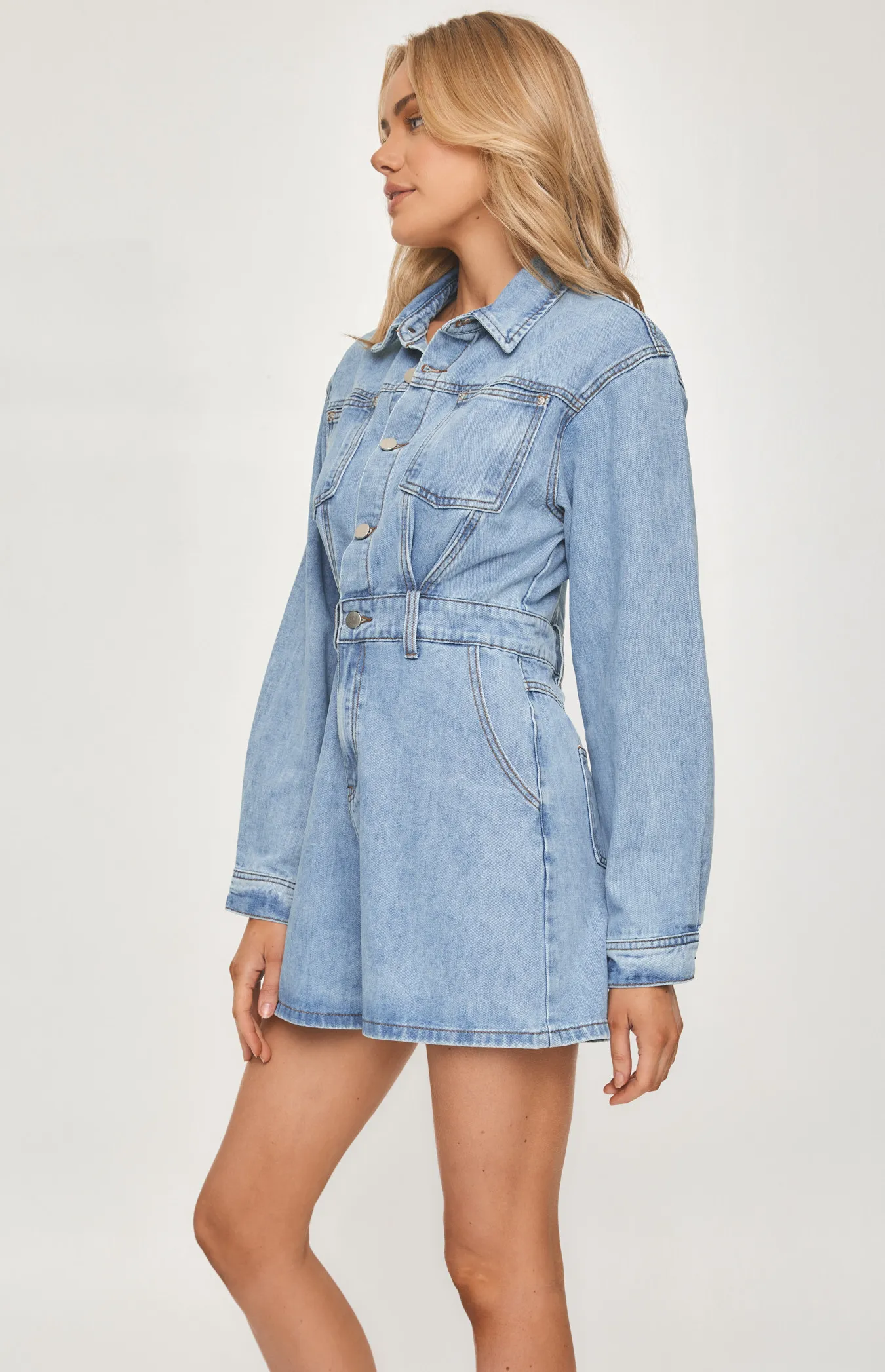 Collared Button Up Denim Playsuit with Pockets (SDM115)