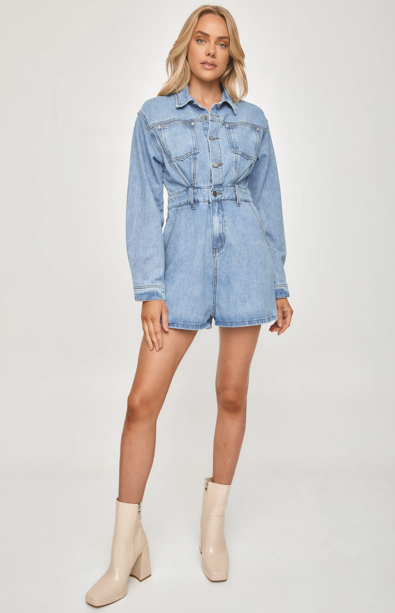 Collared Button Up Denim Playsuit with Pockets (SDM115)