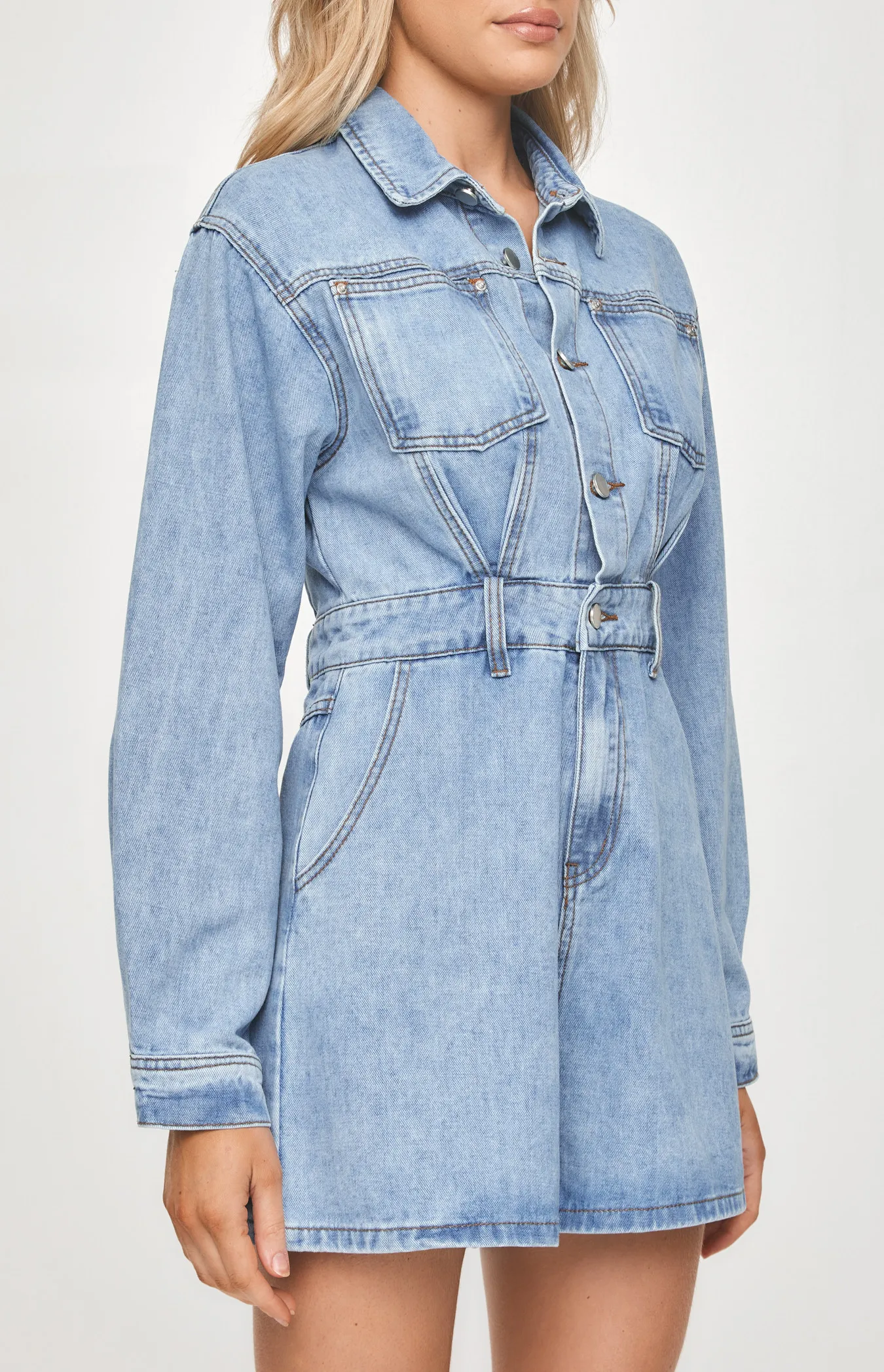 Collared Button Up Denim Playsuit with Pockets (SDM115)