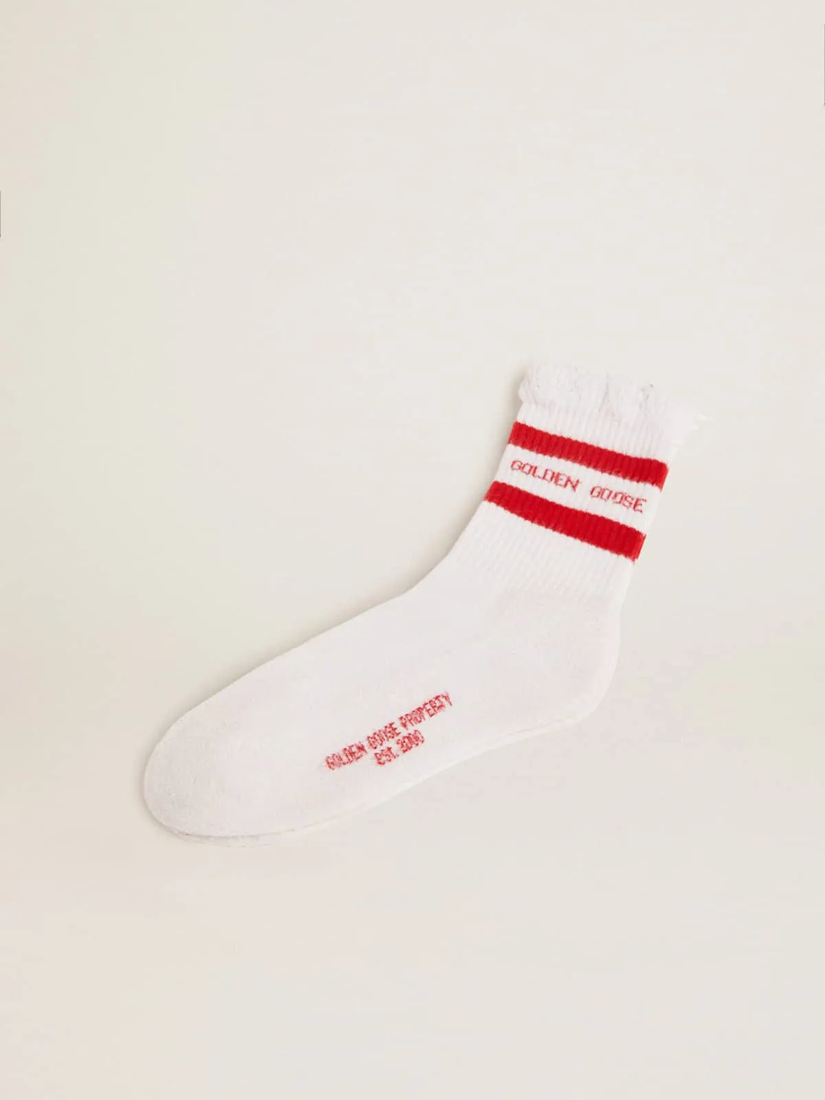 Cotton socks with distressed finishes, red stripes and logo