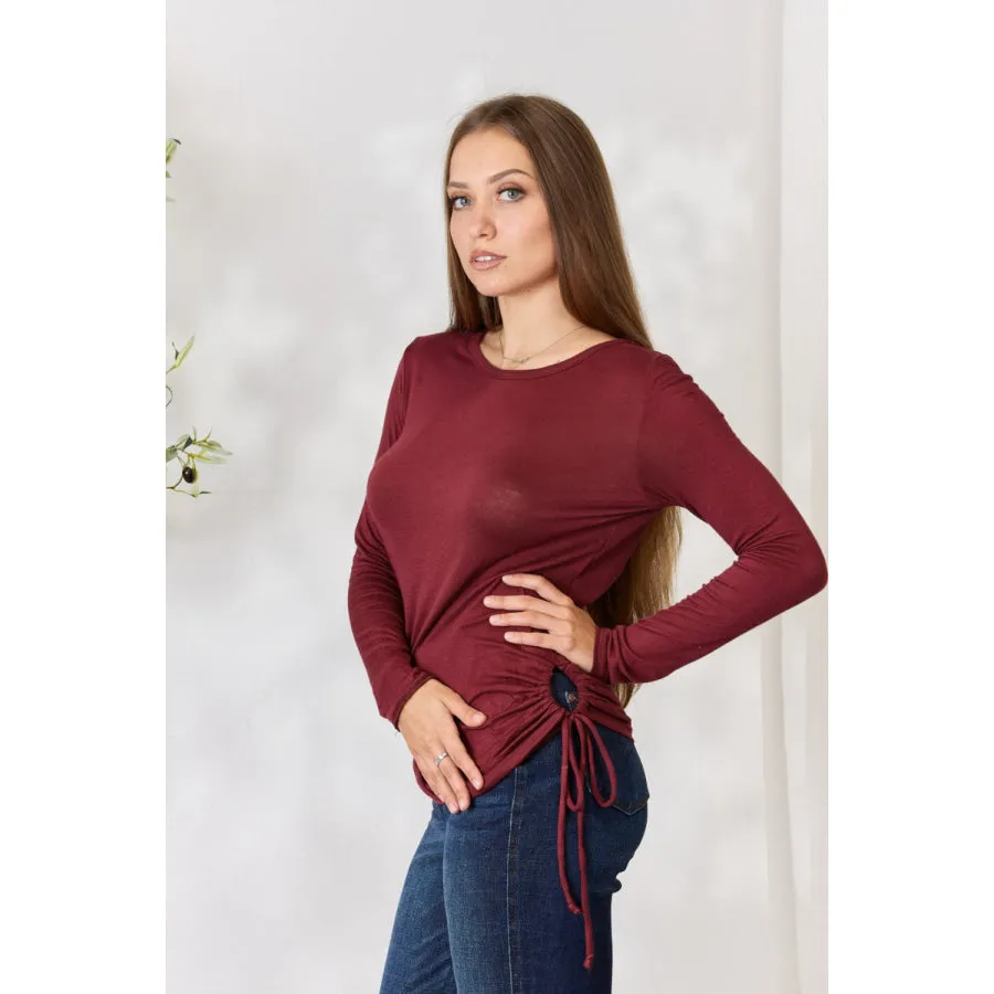 Culture Code Full Size Drawstring Round Neck Long Sleeve Top