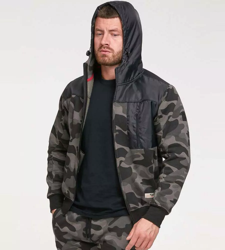 D555 Mens Full Zip Through Camouflage Hoodie With Ripstop Trim (GRENDON)