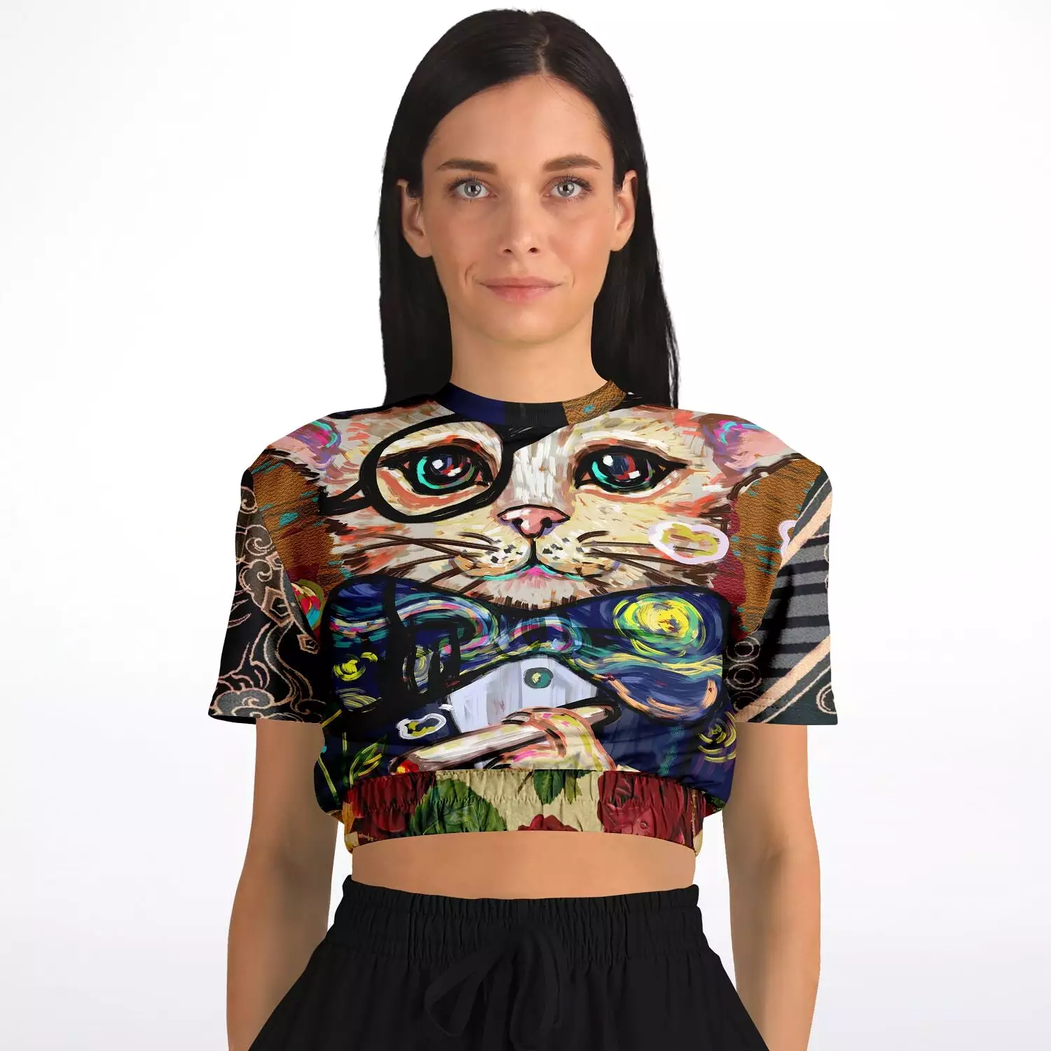 Dapper Cat Short Sleeve Cropped Eco-Poly Sweater