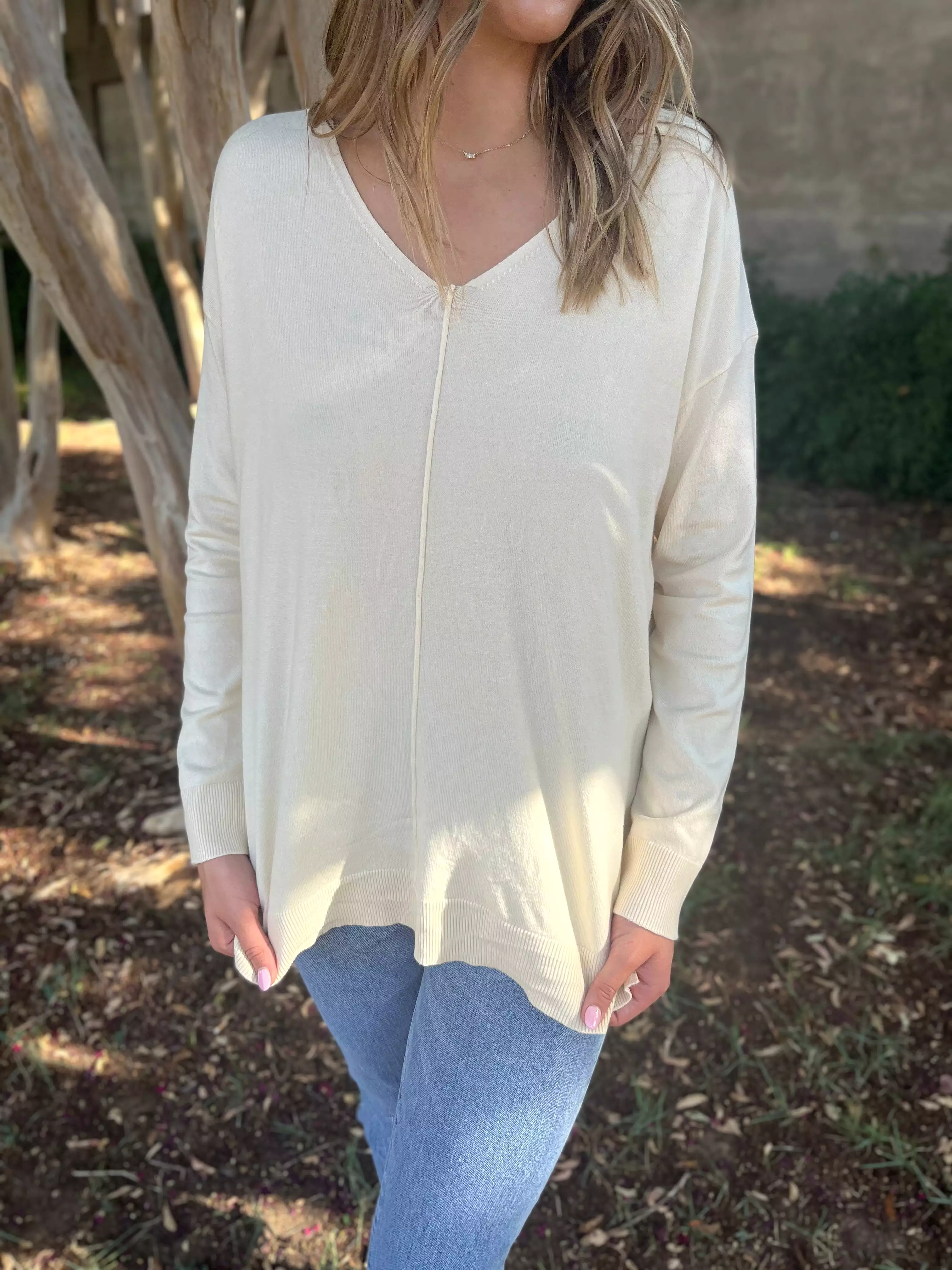 Deep V-neck Loose Fit Pullover Sweater- Cream