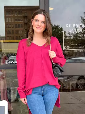 Deep V-neck Loose Fit Pullover Sweater- Magenta