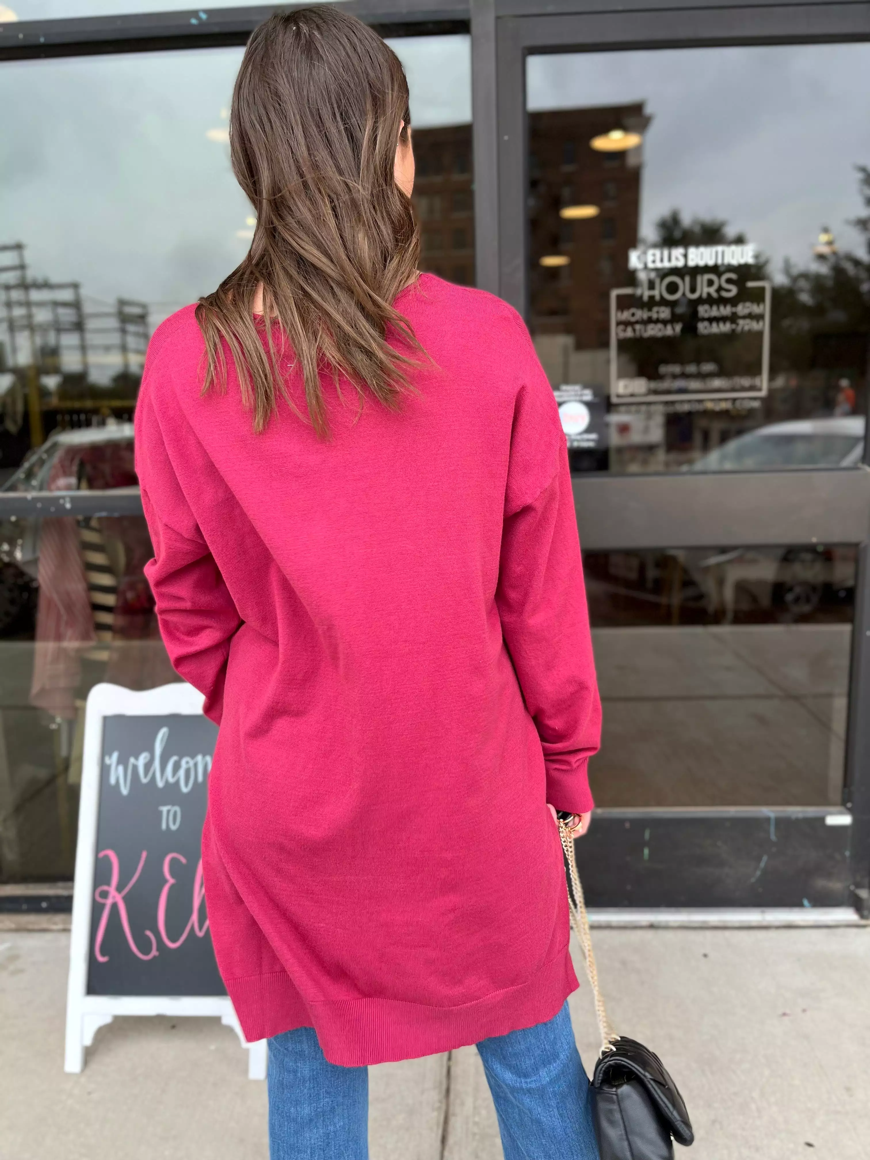 Deep V-neck Loose Fit Pullover Sweater- Magenta