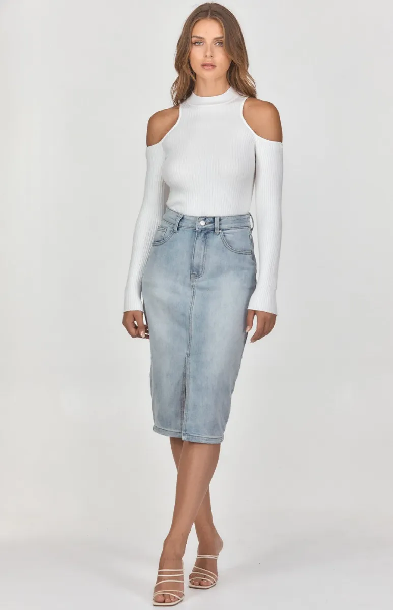 Denim Midi Skirt with Front Split (SDM111)