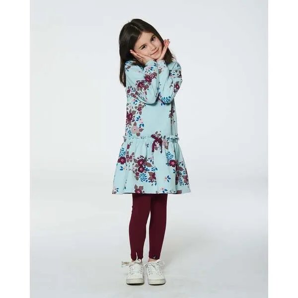 Deux par Deux Big Flowers Print Fleece Long Sleeve Drawstring Waist Dress, Light Blue