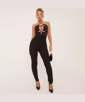 EGO Halterneck Strappy Cut Out Jumpsuit In Black Slinky