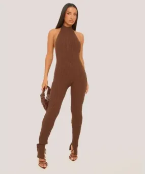 EGO High Neck Backless Jumpsuit In Chocolate Brown Rib