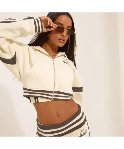 EGO Zip Through Ego Graphic Contrast Stripe Cropped Hoodie In Cream