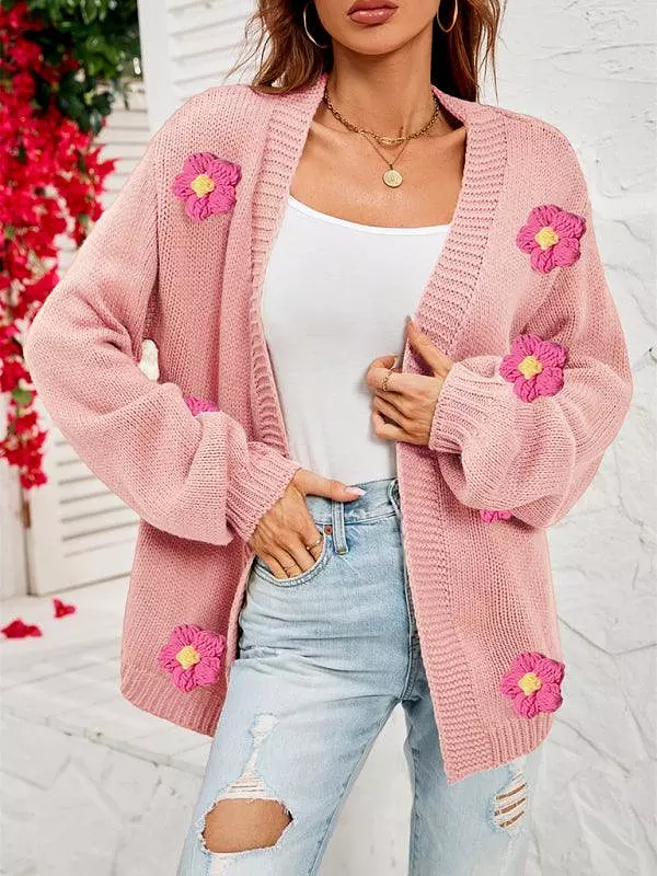 Floral Lantern Sleeves Cardigan Sweater