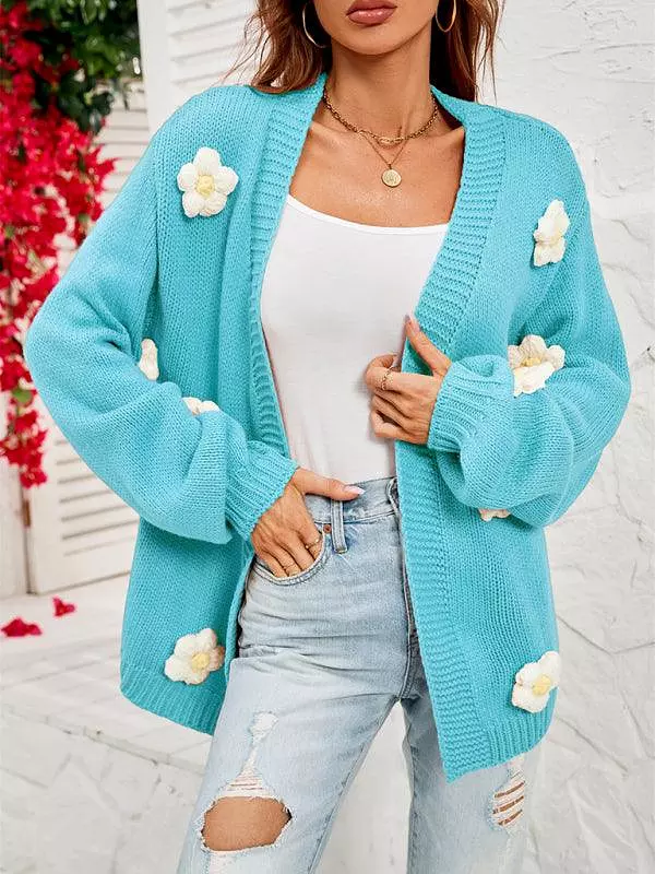 Floral Lantern Sleeves Cardigan Sweater