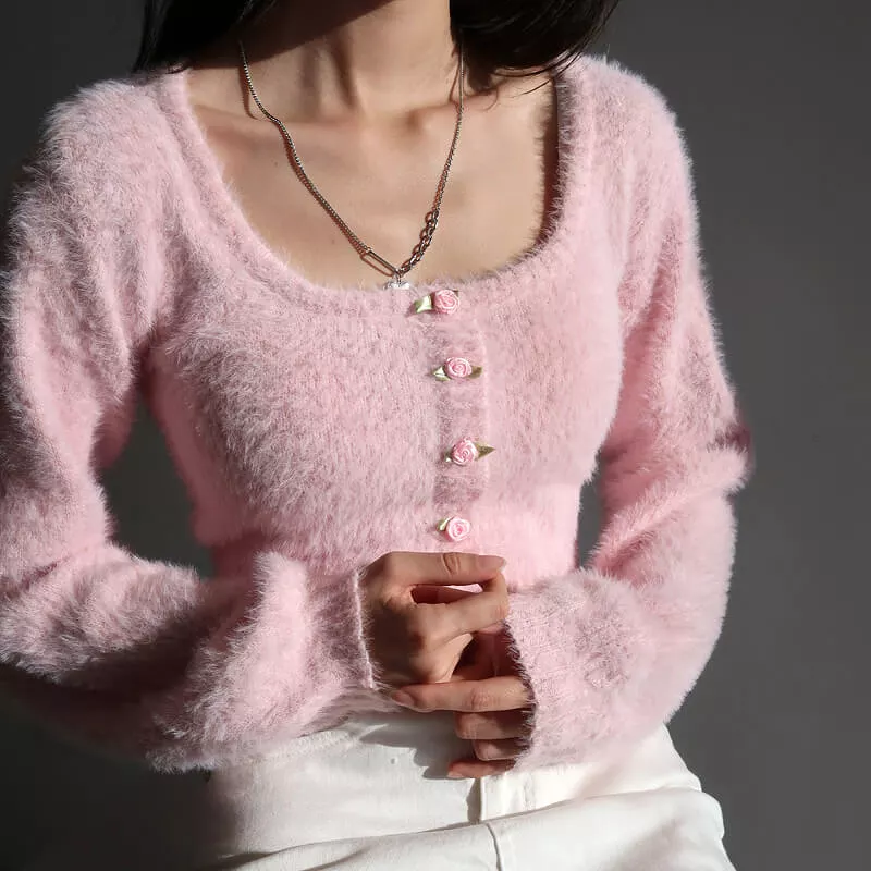 FRENCH STYLE PINK FLUFFY FLORAL CARDIGAN SWEATER BY90007