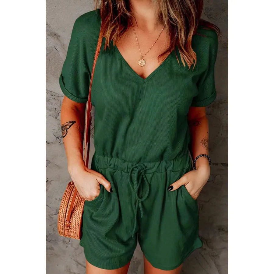 Full Size Drawstring V-Neck Short Sleeve Romper