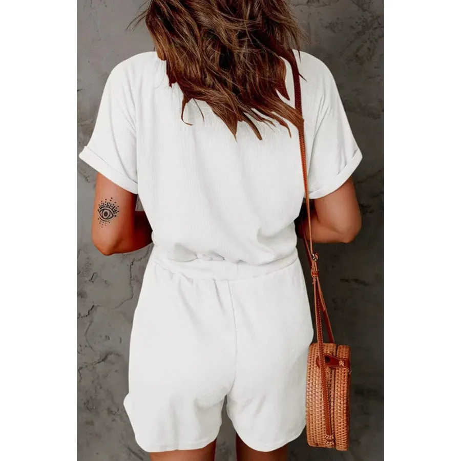 Full Size Drawstring V-Neck Short Sleeve Romper