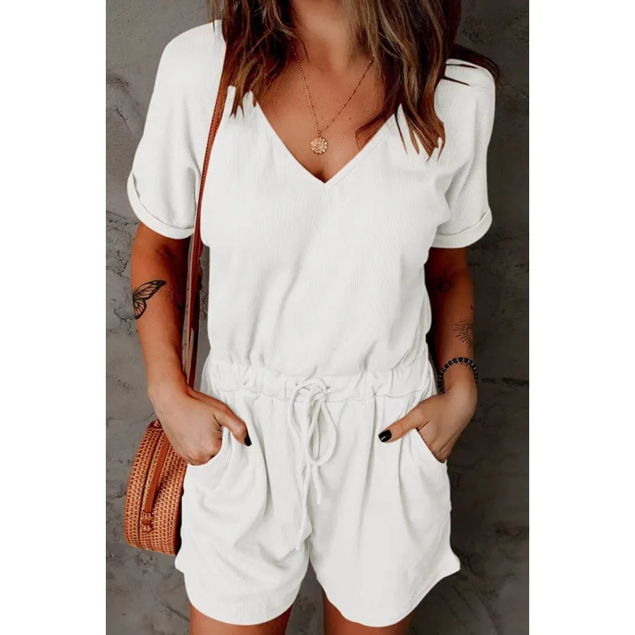 Full Size Drawstring V-Neck Short Sleeve Romper