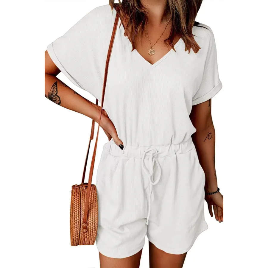 Full Size Drawstring V-Neck Short Sleeve Romper