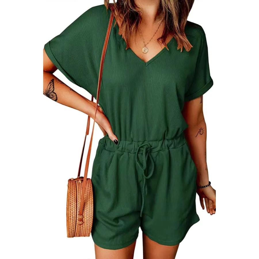 Full Size Drawstring V-Neck Short Sleeve Romper