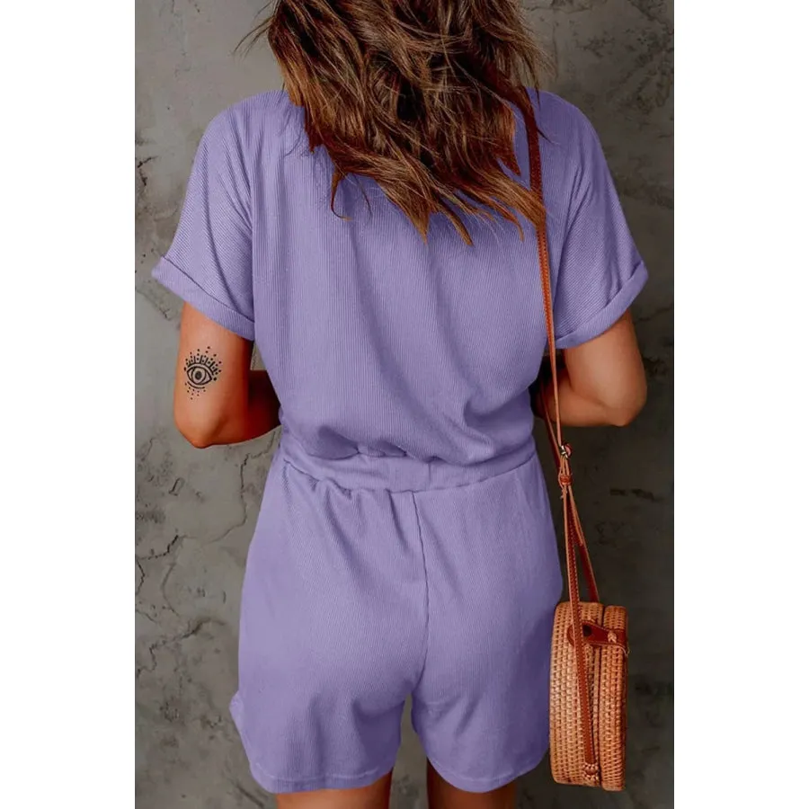 Full Size Drawstring V-Neck Short Sleeve Romper